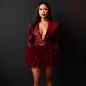 Chic Burgundy Feathered Mini Dress